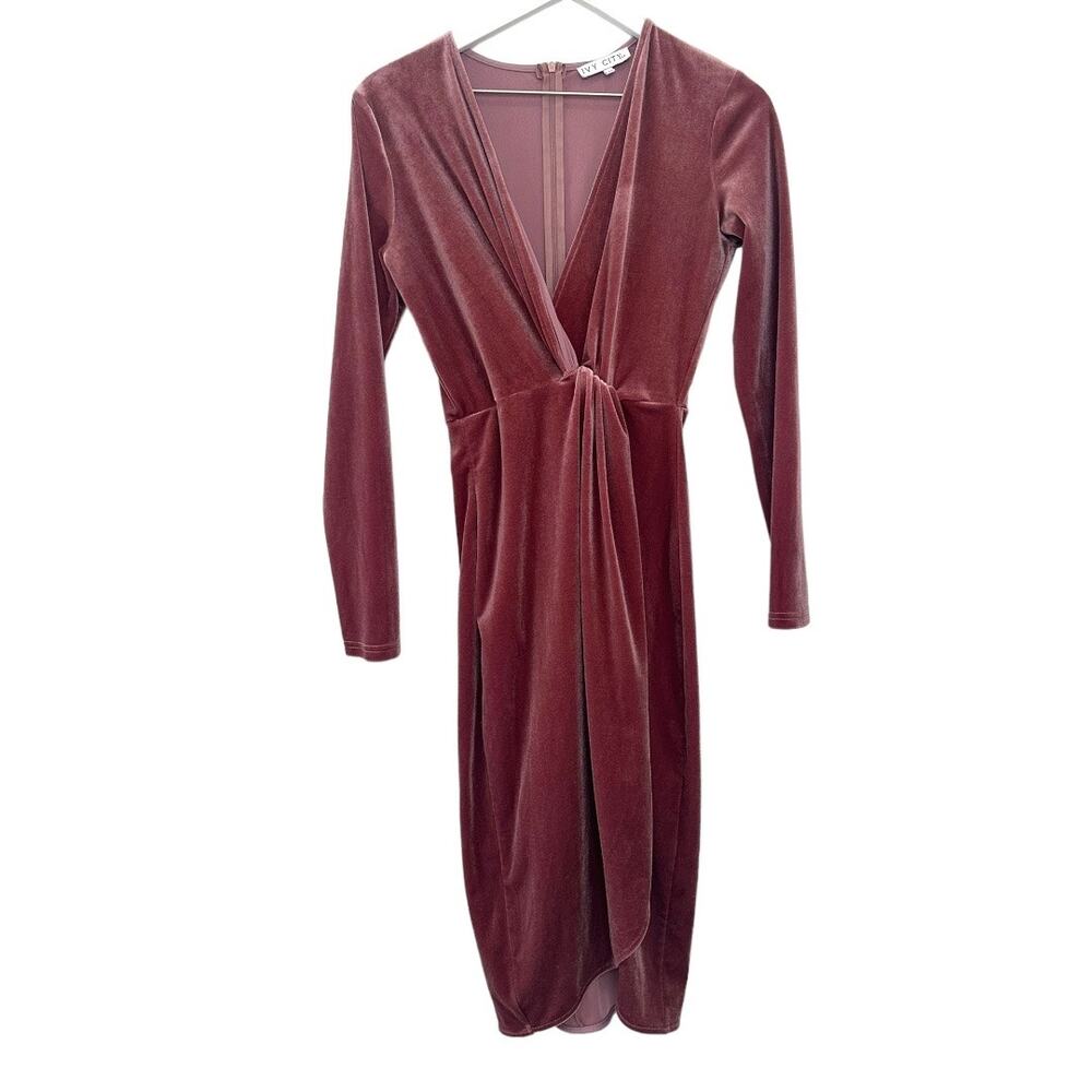 Ivy City Co. Velvet Ruched Long Sleeve Wrap Midi Dress Pink Mauve Size XS
